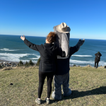 Oregon Coast mascot with Jeanne Sprague hiking on The Knoll overlooking Lincoln City