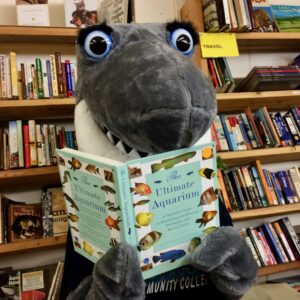 Waverly the Shark holds a book