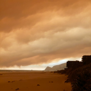Forest fire smoke over the beach