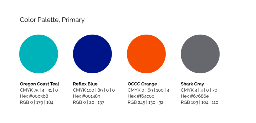 Color Palette for OCCC Branding - teal, orange, dark blue, and gray